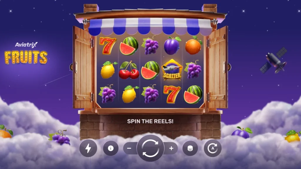 Tampilan visual slot Aviatrix Fruits dengan elemen pesawat dan simbol buah klasik