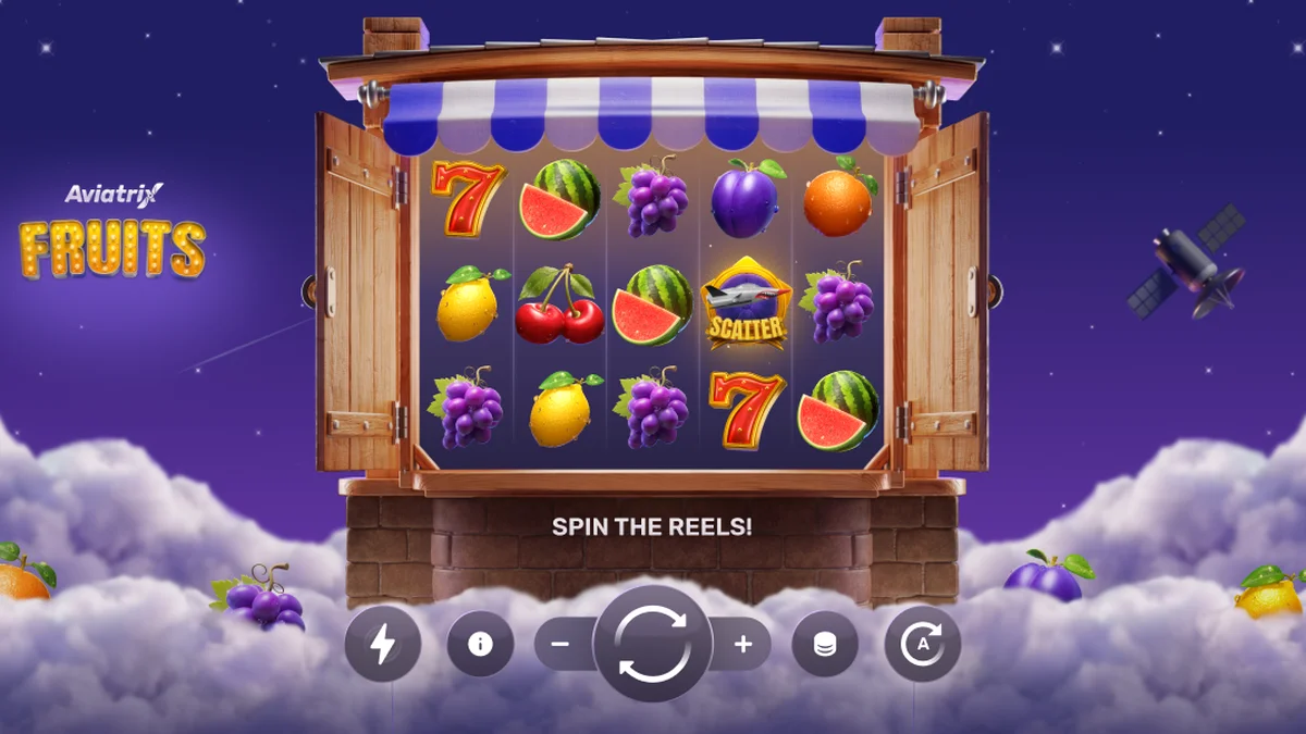 Tampilan visual slot Aviatrix Fruits dengan elemen pesawat dan simbol buah klasik